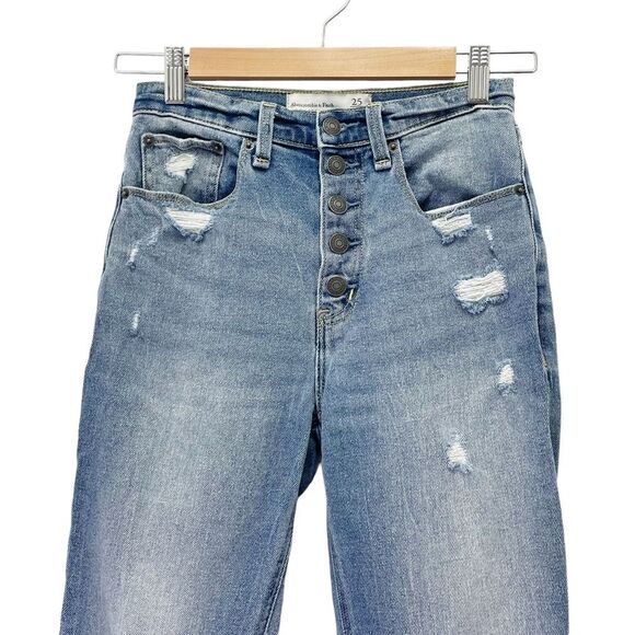 Abercrombie & Fitch A&F Mom Jean Button Fly Crop Medium Wash Raw Hem Size 25 | 0 - Picture 4 of 10